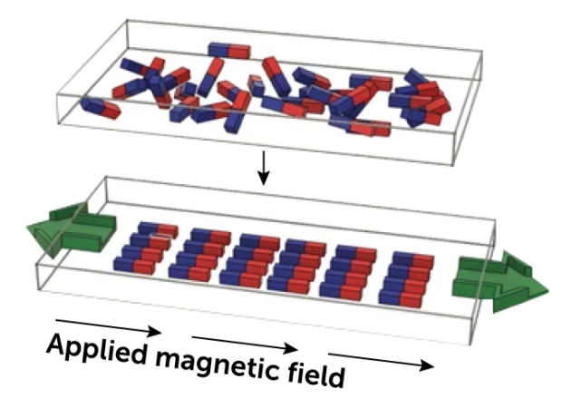 Two illustrations of the Cell Rover. The top image has several small blue and red rectangles randomly scattered in a white box. The bottom image has those same small rectangles in an organized grid, six across and four down.