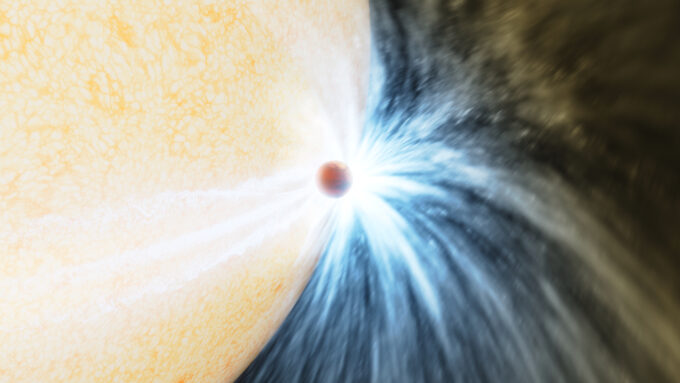 An illustration of a giant orange star eating a much smaller red planet and a giant burst of bright white dust expanding outward from the tiny planet.