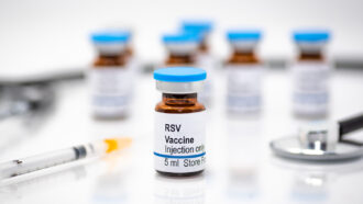 A photo of an RSV vaccine bottle with a syringe, stethoscope and other vaccine bottle on a white background.