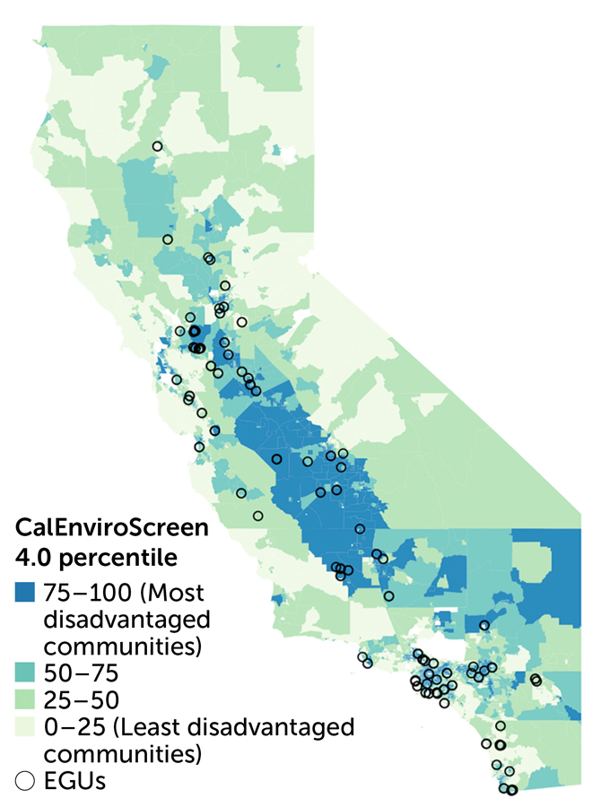 A map showing California and the levels of vulnerability to the impacts of pollution. The dark blue areas show the most disadvantaged communities (75-100 percentile), the lighter blue show the second most (50-75 percentile), the dark green the third (25-50 percentile), and light green the least disadvantaged communities (0-25 percentile). Circles are also scattered across the map showing the state's electricity-generating units.