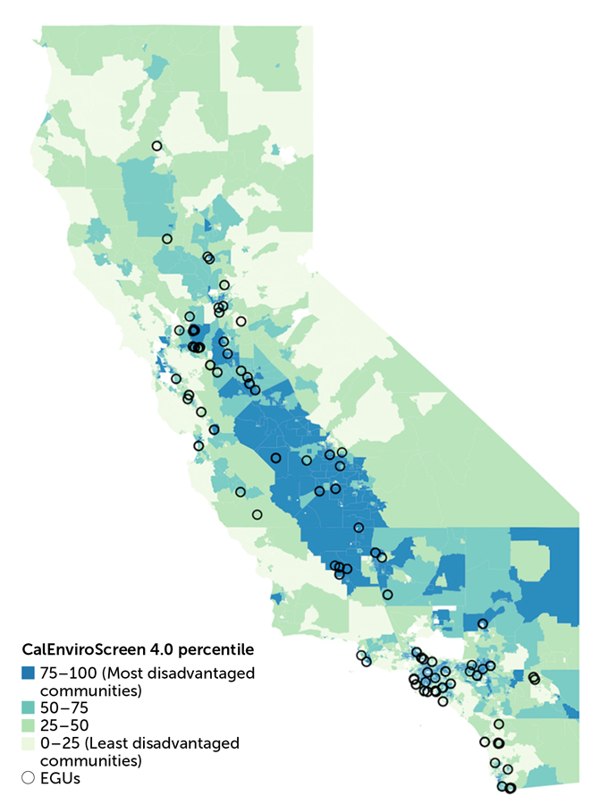 A map showing California and the levels of vulnerability to the impacts of pollution. The dark blue areas show the most disadvantaged communities (75-100 percentile), the lighter blue show the second most (50-75 percentile), the dark green the third (25-50 percentile), and light green the least disadvantaged communities (0-25 percentile). Circles are also scattered across the map showing the state's electricity-generating units.