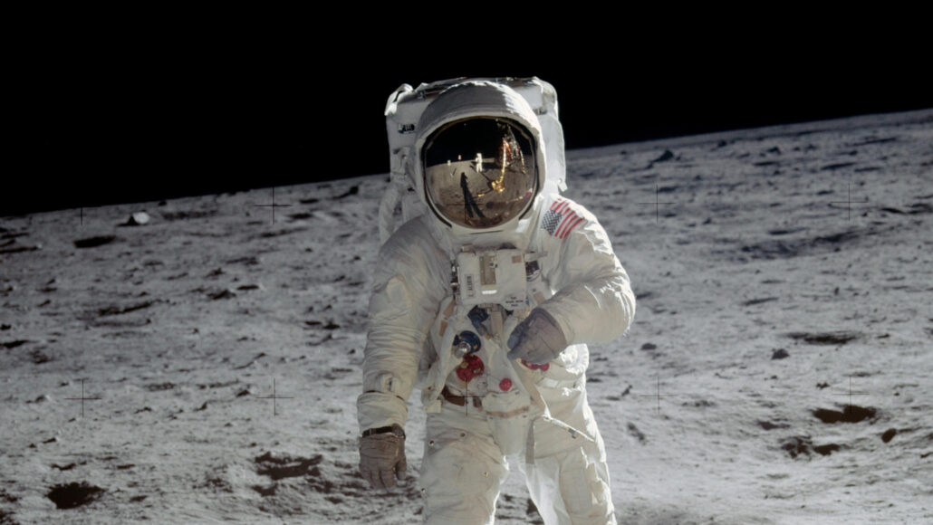 Apollo astronaut Buzz Aldrin on the moon in a spacesuit