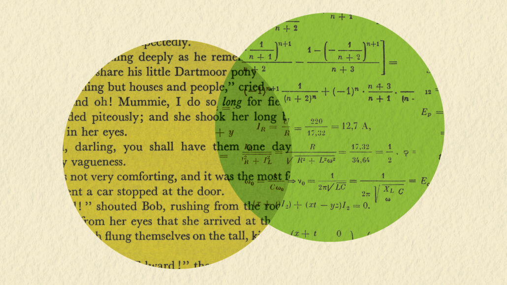 An image of a yellow circle with text inside of it and a green circle with math equations inside of it slightly over lap on an ivory background.