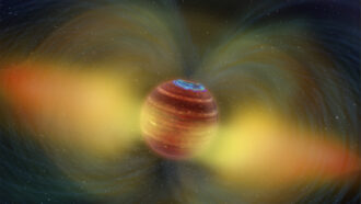 An illustration of a reddish planet with swirling patterns depicting its radiation field