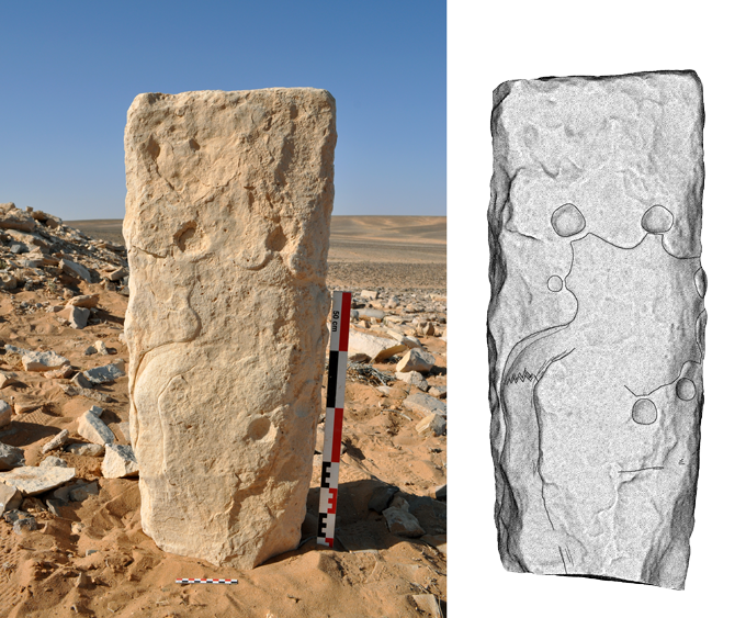 Two images side by side. The image on the left is a photo of the rectangular rock found in Jordan with a faint engraving and several circles. The image on the right is an illustration of the same square rock with the engraving outlined and more visible.