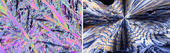 Two microscope images of deltamethrin's crystal structure. The image on the left is the insecticide's typical crystal structure and the image on the right is of the crystal structure heated.