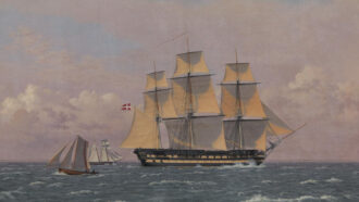 'The 84-Gun Danish Warship "Dronning Marie" in the Sound' painting, which shows one large ship sailing flanked by two small ships
