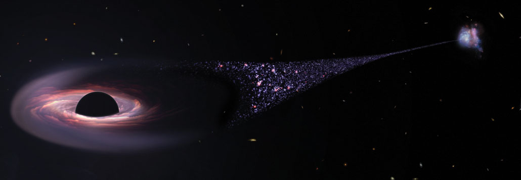 illustration of a wandering black hole with a trail of stars leading back to its origin galaxy