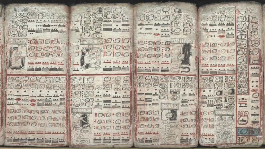 A photo of the pages of a book called the Dresden Codex.