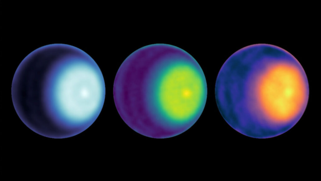 Three images of a cyclone at the north pole of Uranus are seen in different wavelengths. The image on the left shows the cyclone in a white color, the middle cyclone a green color and the cyclone on the right is an orange color.