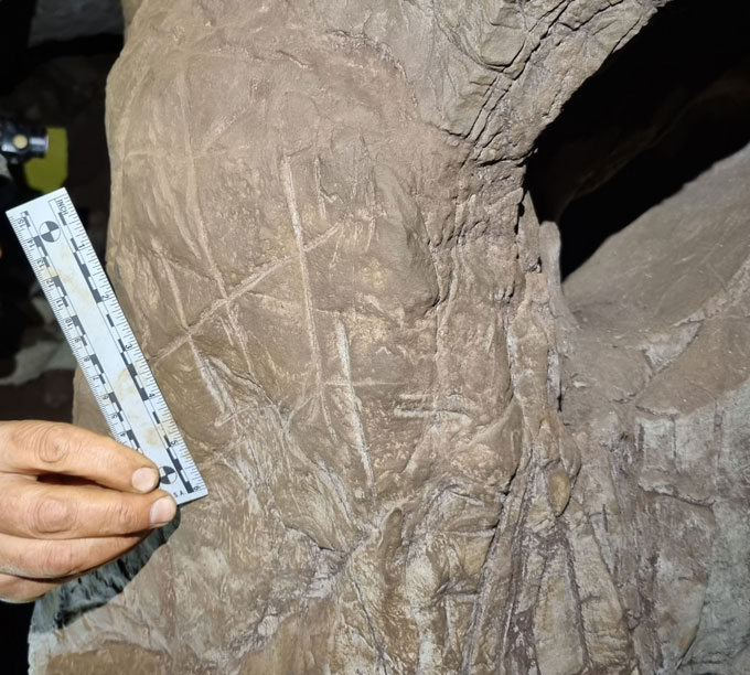 A photo of a hand holding a ruler next to a series of lines carved into a rock formation.