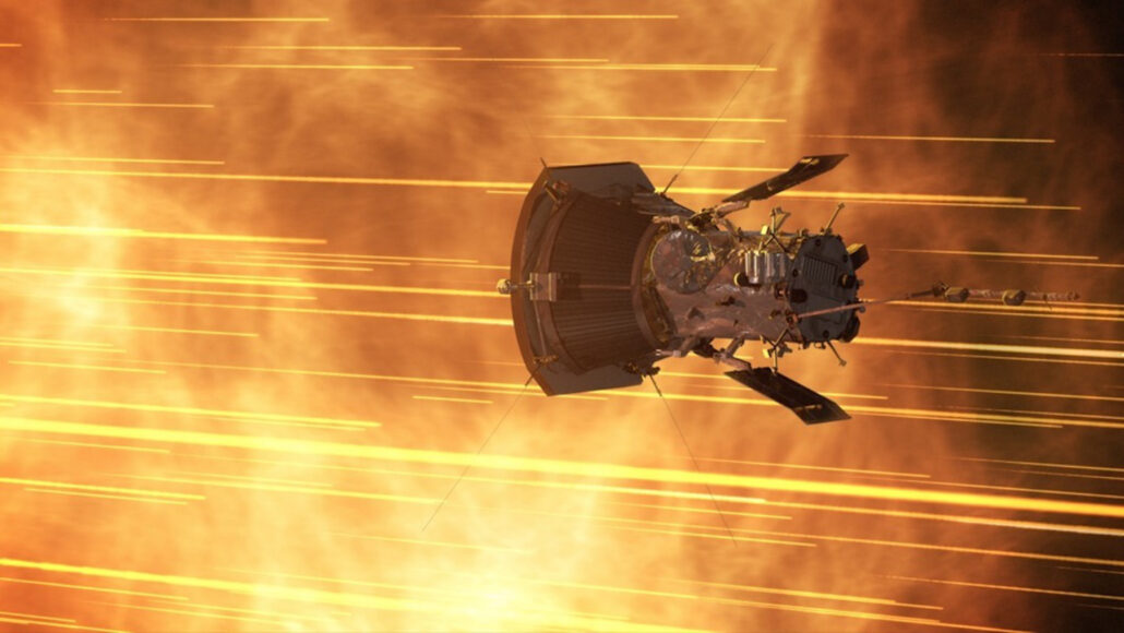 An illustration of the Parker Solar Probe heading towards the sun with orange light streaks shooting around it.