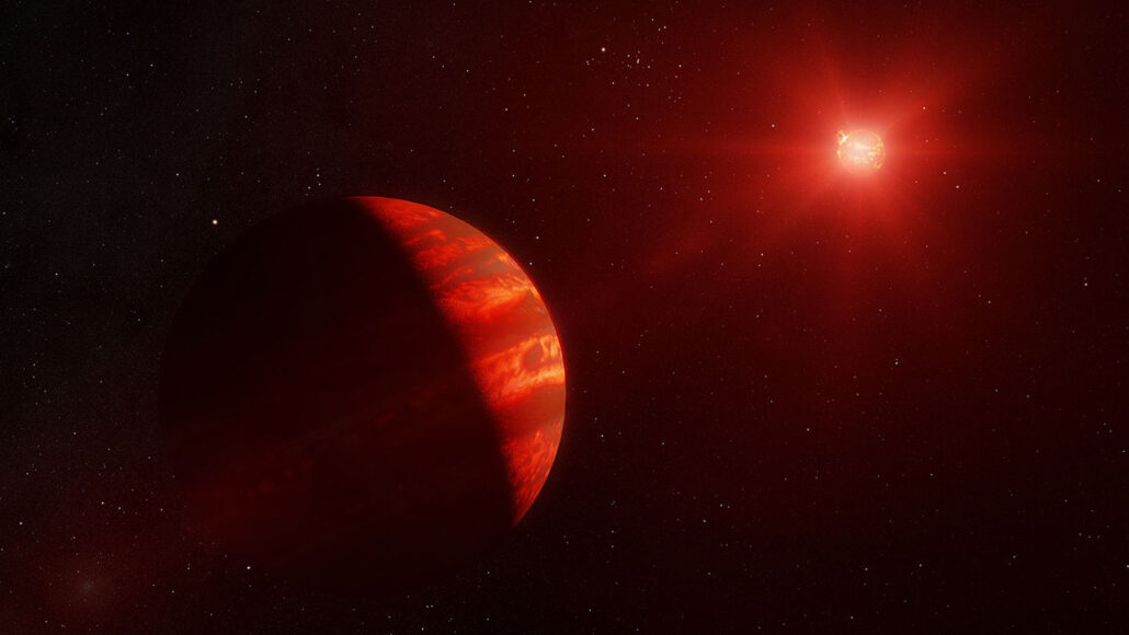 An artist's creation shows a red Jupiter-like planet with a red star shining in the distance.