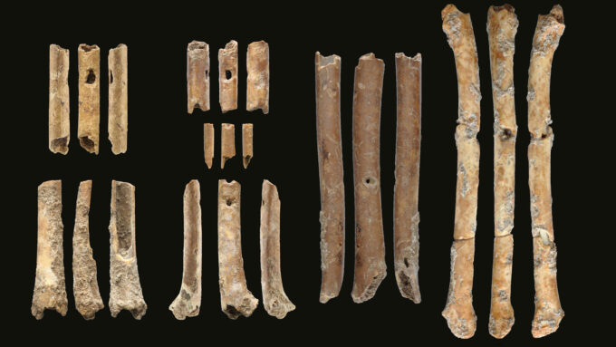 Seven ancient bone flutes, each shown from three different angles, against a black backdrop