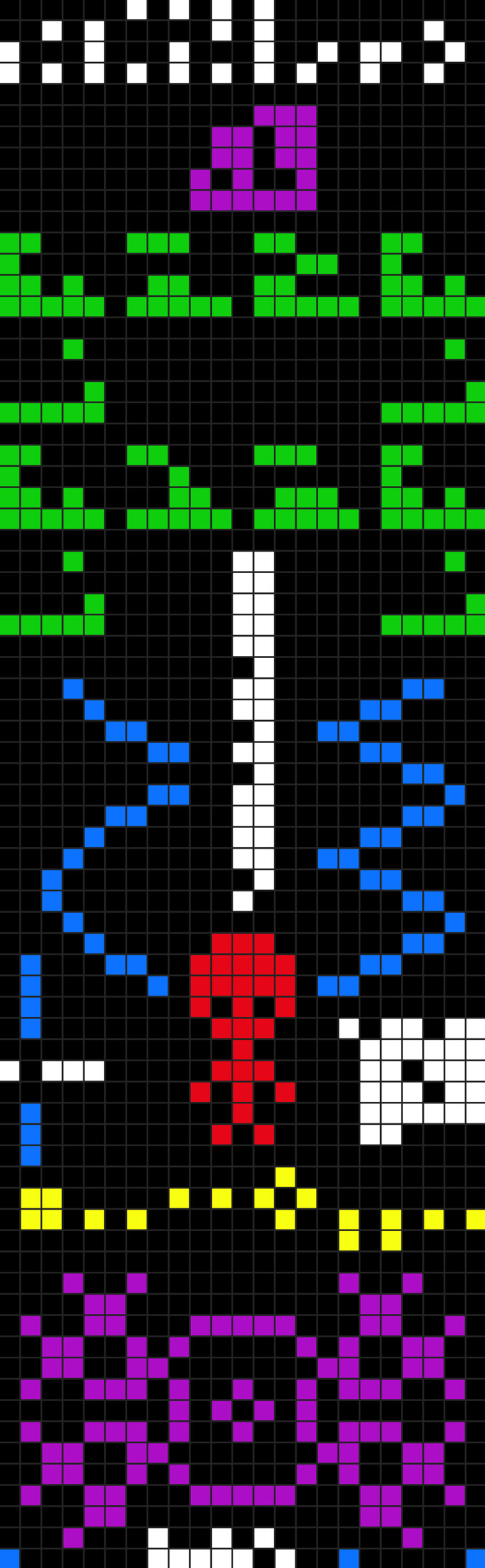 A vertical image that shows the Arecibo message. The image is several different colored tiny squares grouped together on a black background.