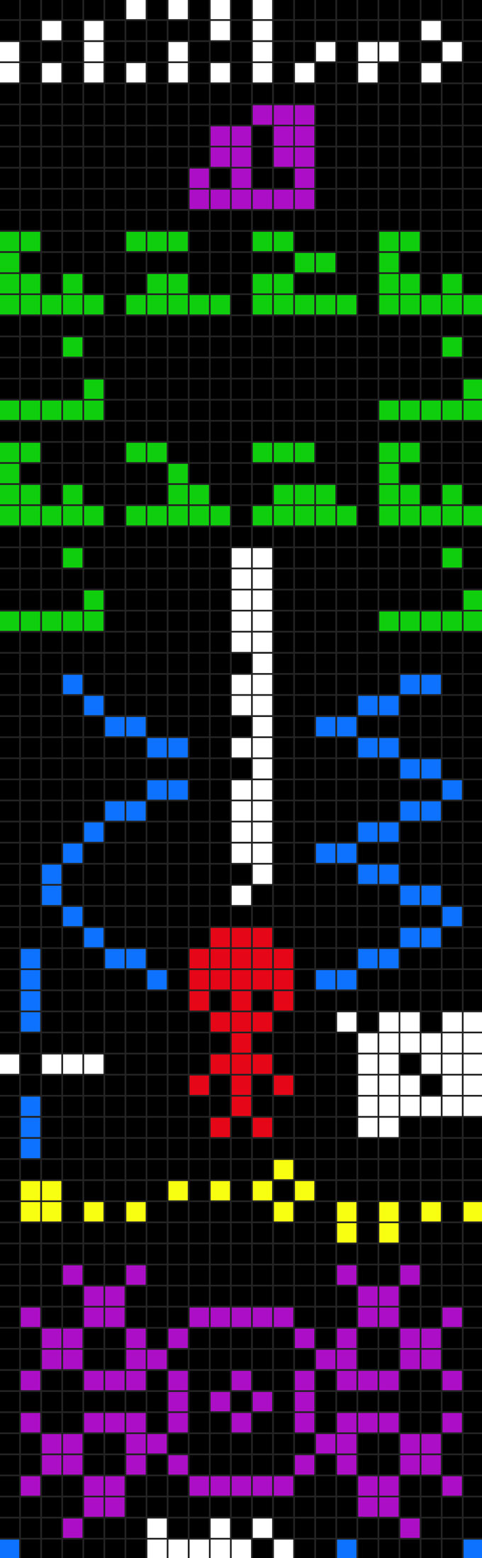 صورة عمودية تظهر رسالة Arecibo.  الصورة عبارة عن عدة مربعات صغيرة ملونة مختلفة مجمعة معًا على خلفية سوداء.