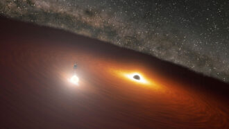 An illustration of a supermassive black hole orbiting an even larger black hole with a field of stars in the background.