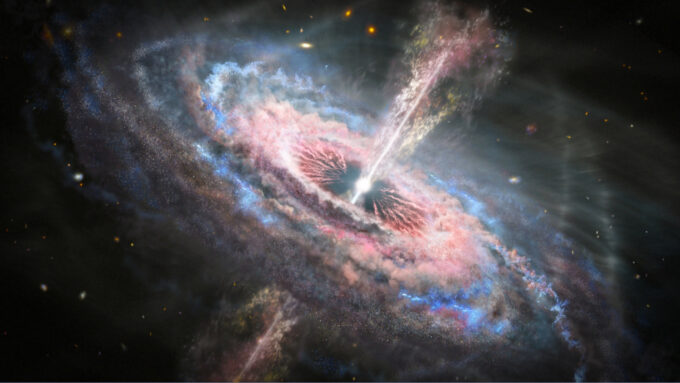 an illustration of a galaxy with a quasar, shown as a a swirl of blue and pink with a beam bisecting the center against the starry backdrop of space