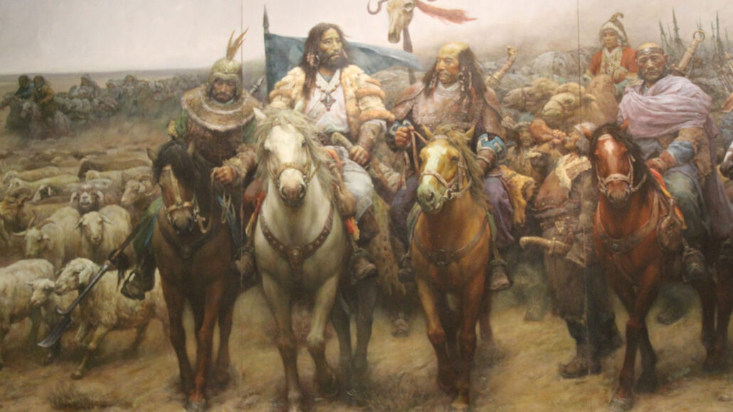 A painting of a group of Xiongnu herders riding horses with more livestock seen off to the side.