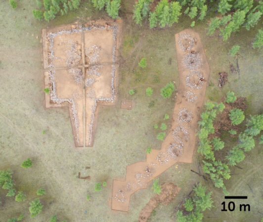 Seen from above, a Xiongnu noble’s tomb, left, lies near a set of small tombs, right.