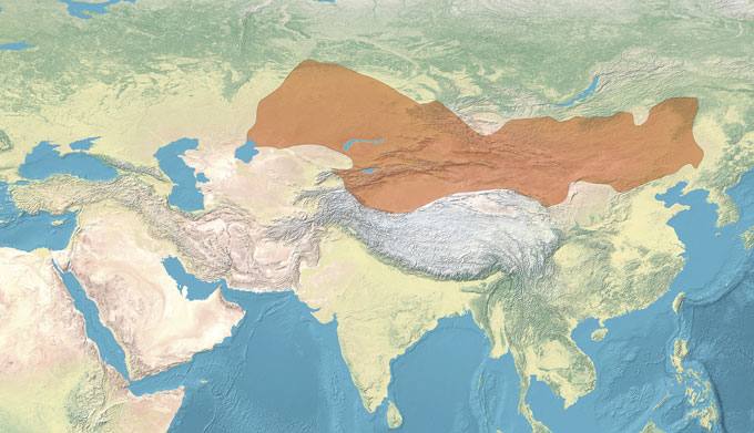 A map of Asia with a large red patch representing the Xiongnu Empire stretching across central Mongolia, parts of southern Russia and to western Asia.