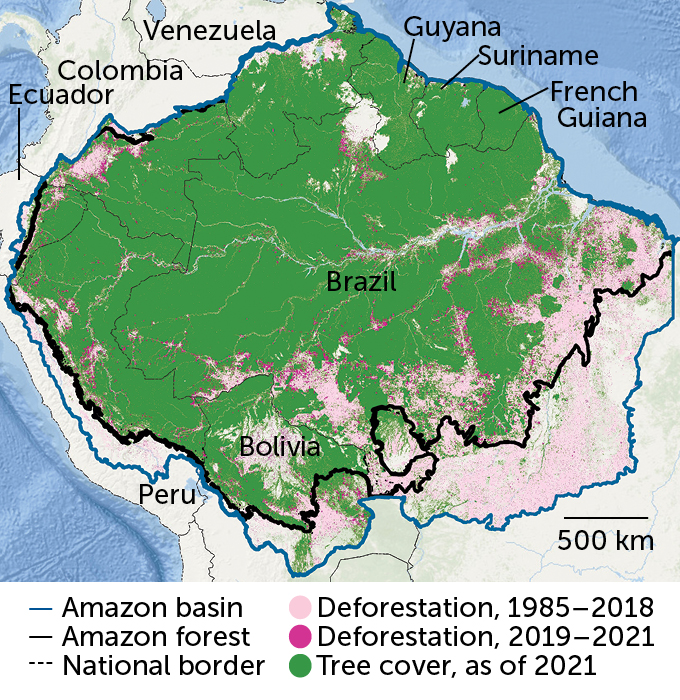 A map of the Amazon forest covering the northern part of South America over several countries. The map shows the tree cover as of 2021 as well as the larger area where there use to be trees starting in 1985.
