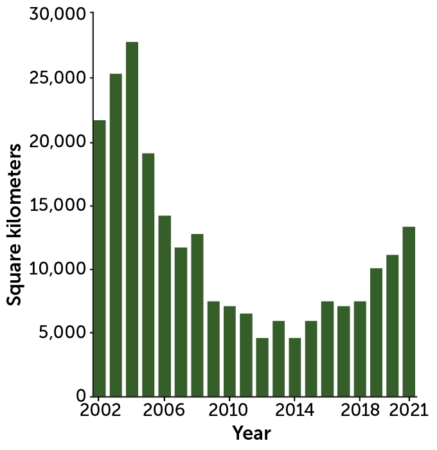 A bar graph showing the rate of deforestation in the Brazilian Amazon in square kilometers by year.