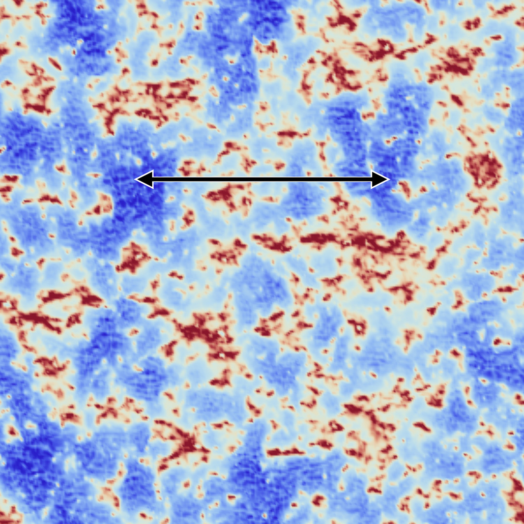 A computer simulation outputting the cosmic dawn era, shown mostly as a blend of dark blue and red splotches, with a double-sided arrow centered in the upper third