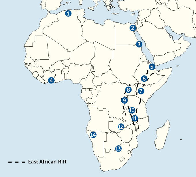 map of 14 geothermal hotspots in Africa