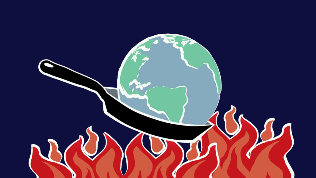A digitally illustrated image of the Earth in a frying pan hovering over an open set of flames.