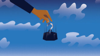 An illustration of a hand dropping a weight with a blue sky background.
