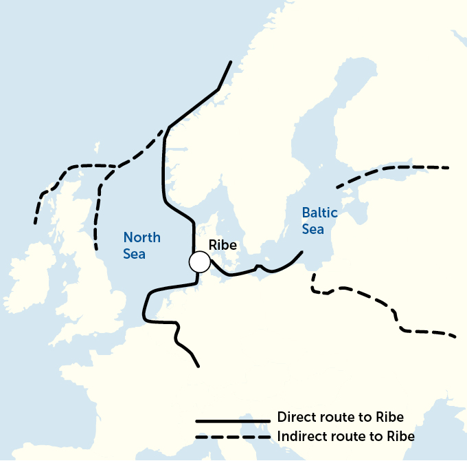 map of direct and indirect trade routes around Ribe