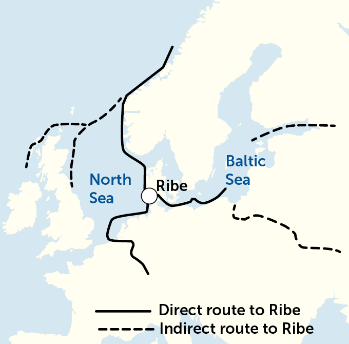 map of direct and indirect trade routes around Ribe