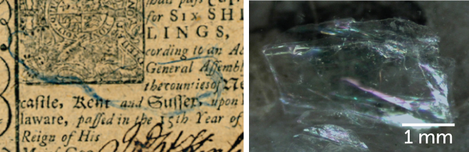 Two photos of Benjamin Franklin’s incorporated elements like blue thread (left) and microscopic muscovite (right) in their paper money.