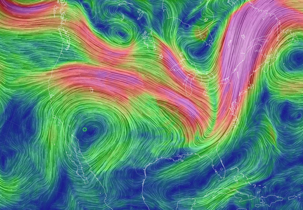 An image of jet streams which are mostly high-velocity wind currents (shown in red and purple).
