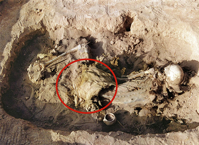 A shallow grave with a skeleton, around which is an ancient saddle (which is circled for greater visibility)