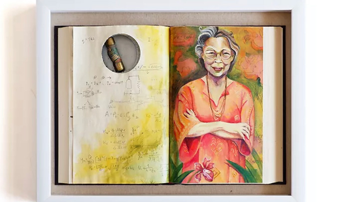 A painting of Emma Rotor smiling and wearing a peach tunic appears on one side of a book. The opposite page displays mathematical calculations.
