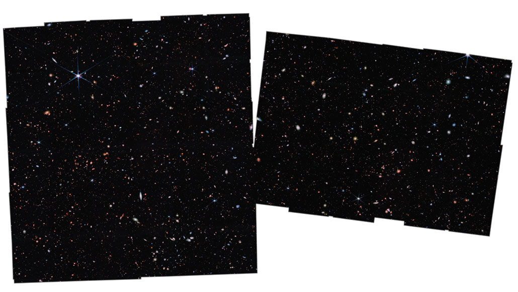 A JWST Advanced Deep Extragalactic Survey image showing hundreds of galaxies that appear to date to within 650 million years of the Big Bang on two black rectangles with a white overall background.