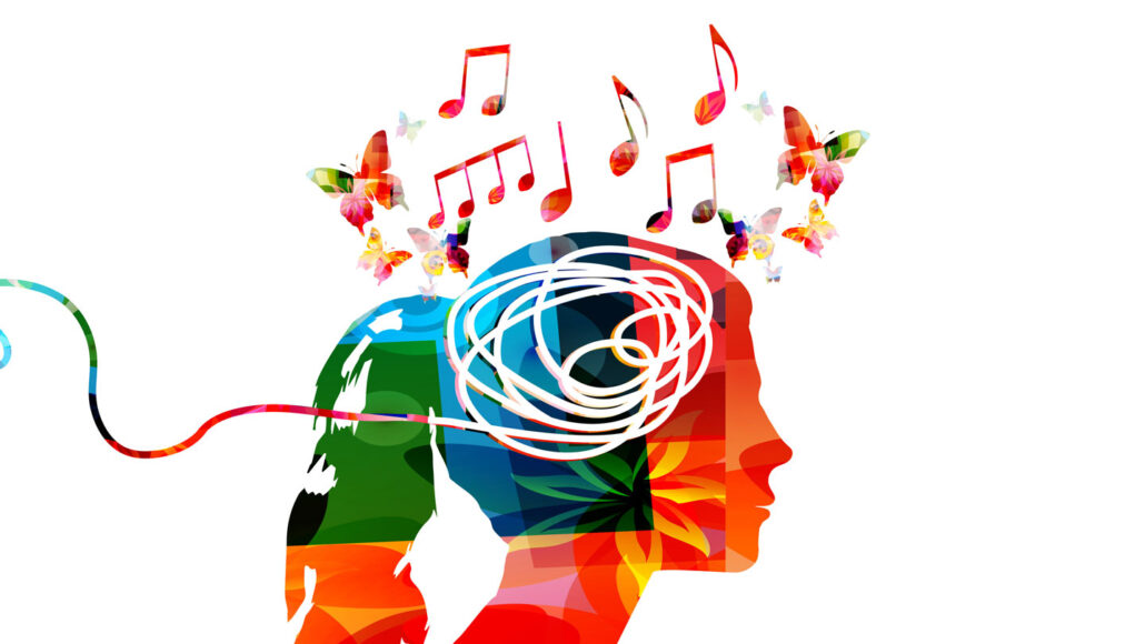 An illustration of a woman's profile with music notes and butterflies flying above her head and a squiggly line wrapping around and out the back of her head.