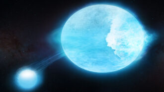 An illustration of one large blue star next to one small blue star with a thin stream of light passing between the two.