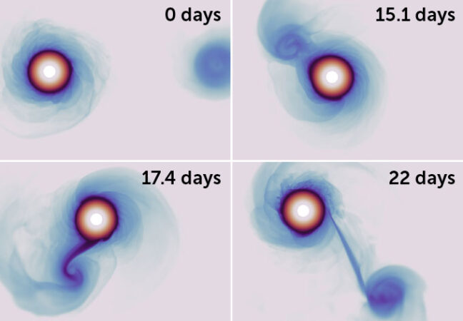 An image of 4 illustrations put together. The first shows the two stars orbiting each other on zero days, the next at 15.1 days, the third at 17.4 days and the last at 22 days.