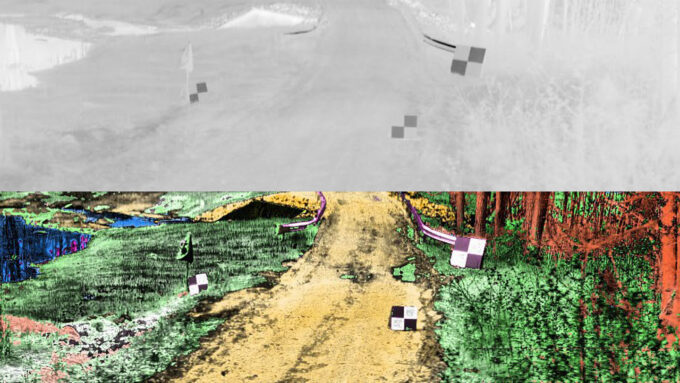 interesting scientific papers 2021 Conventional thermal vision depicts this nighttime scene of a forest road in ghostly grays (top). A new AI-aided technology takes thermal data and creates a sharper image (bottom). The system adds color based on the objects detected, shading water blue, for example.