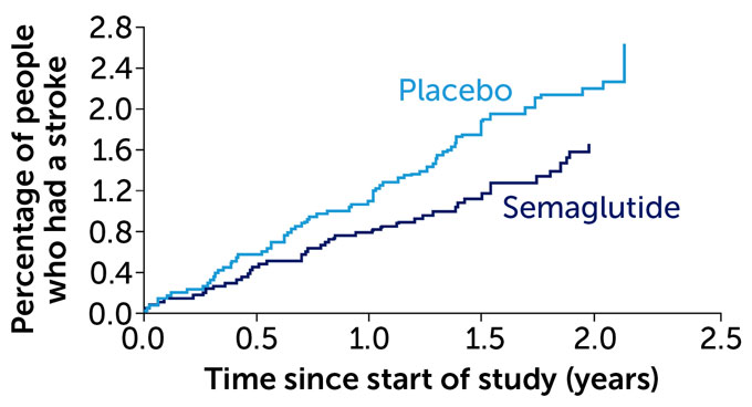 A graph of results of trials that measured the cardiovascular benefits of semaglutide in people with type 2 diabetes and high cardiovascular risk shows a control line (labeled Placebo) with growing percentage of people having a stroke over time. The test line (labeled Semaglutide) also shows stroke risk growing over time, but at a reduced rate.