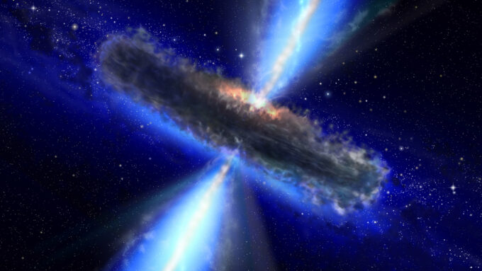 In this illustration of a supermassive black hole, rays of bright gas escape from the center of a disc-shaped gray cloud.