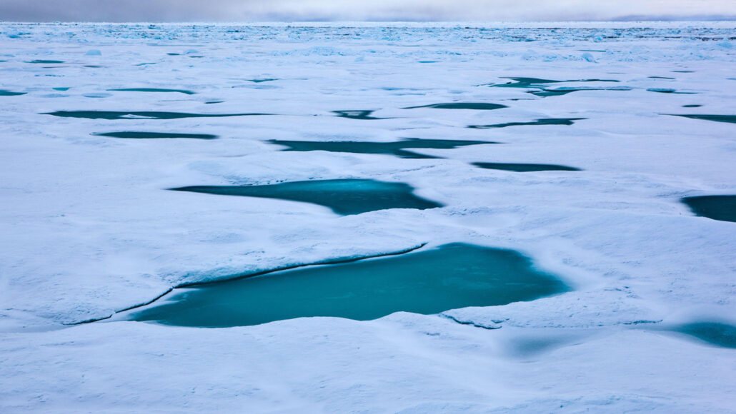 Small patches of open water and thin ice cover the Fram Strait, which lies between Greenland and Norway’s Svalbard archipelago.