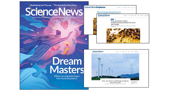 a composite image showing the magazine cover image for the August 26, 2023 issue of Science News and screen captures of the partner articles