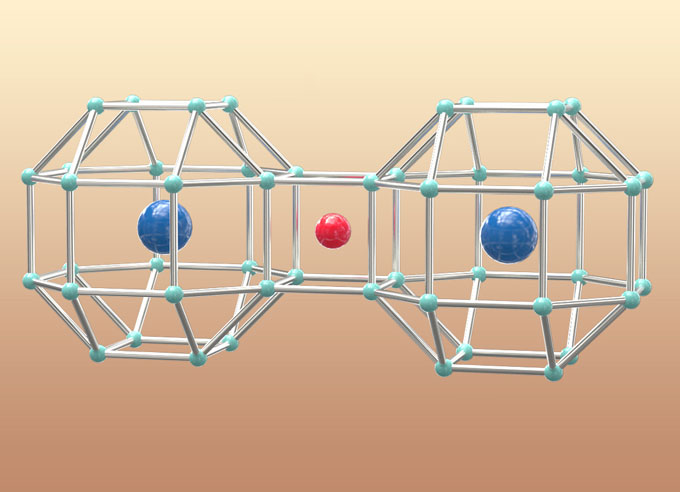 A chemical diagram shows lanthanum atoms in blue and a beryllium atom in red surrounded by a cage of hydrogen atoms in light blue.