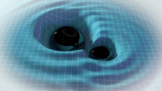 Illustration of two black spheres orbiting in a grid with ripples that represent gravidational waves