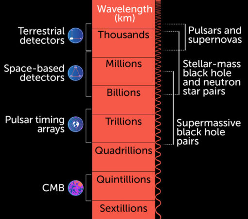 На диаграмме показан спектр длин волн от тысяч километров до квинтиллионов километров и диапазоны для разных типов детекторов и источников. Что касается источников, пульсары и сверхновые производят гравитационные волны в диапазоне от тысяч до миллионов. Пары черных дыр звездной массы и нейтронных звезд производят волны в диапазоне от тысяч до миллиардов. И, наконец, пары сверхмассивных черных дыр производят волны в диапазоне от миллиардов до квадриллионов. Что касается обнаружения, наземные детекторы могут улавливать гравитационные волны в диапазоне от тысяч до миллионов километров. Детекторы космического базирования могут улавливать волны в диапазоне от миллионов до миллиардов километров. Массивы синхронизации пульсаров могут улавливать волны в диапазоне от триллионов до квадриллионов. Наконец, CMB сможет обнаружить волны в диапазоне квинтиллионов. Чтобы обеспечить контекст,