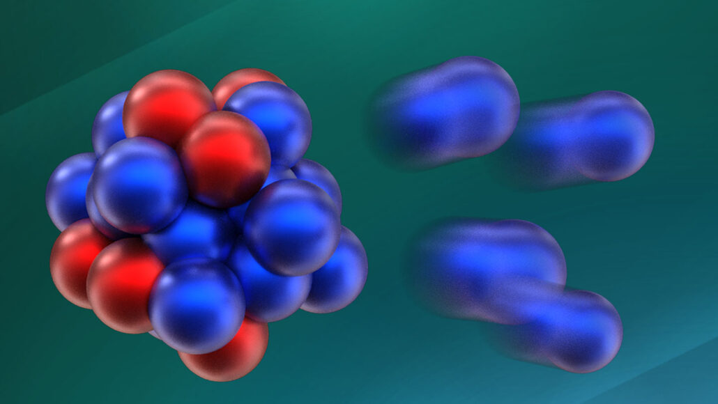 An illustrated image of oxygen-28 on a green background just after 4 blue neutrons have fallen away.